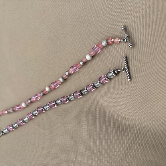 2 Handmade Pink & Clear Crystal w/ Silver Accents Bracelets - Picture 13 of 15